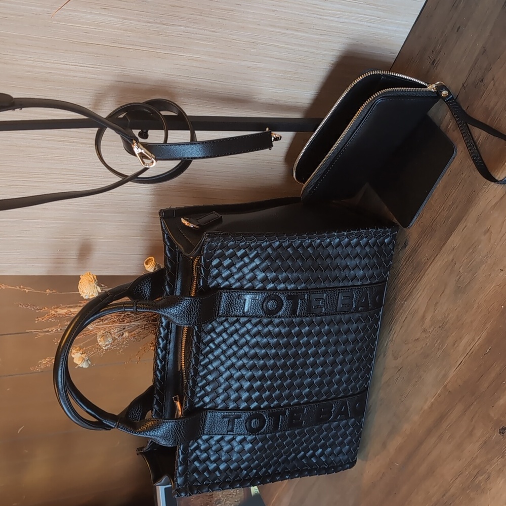 Black Woven Tote Bag With Wallet And Crossbody Strap